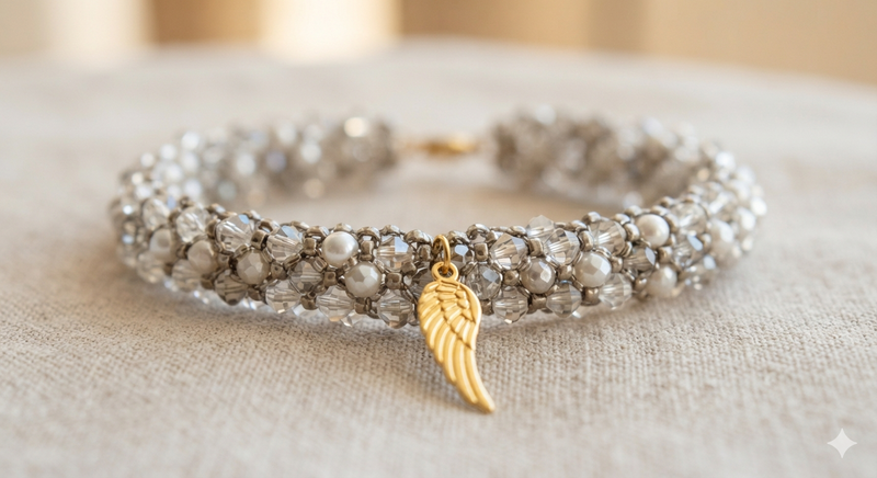 Woven crystal and pearl bracelet with gold angel wing charm on soft linen