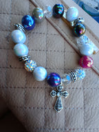 Rainbow Cross memorial bracelet with iridescent beads and silver cross charm